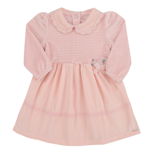 Vestido Plush Quadriculado e Liso com Gola Bordada, Laço de Veludo e Aviamento Sobreposto Paraiso