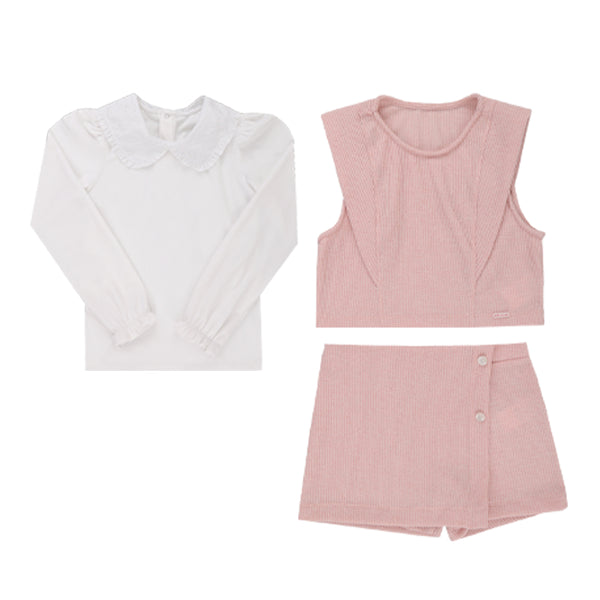 Conjunto Blusa Plush com Gola Trabalhada, Colete e Shorts Saia Knitting Texturizado Paraiso