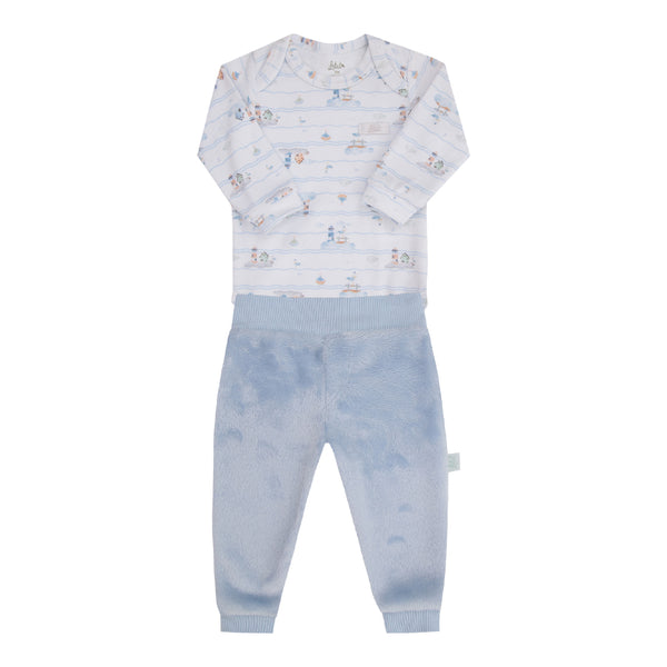 Conjunto Baby Longo de Body em Plush Estampado com Calça em Pelo Quentinho e Cós em Ribana Letut