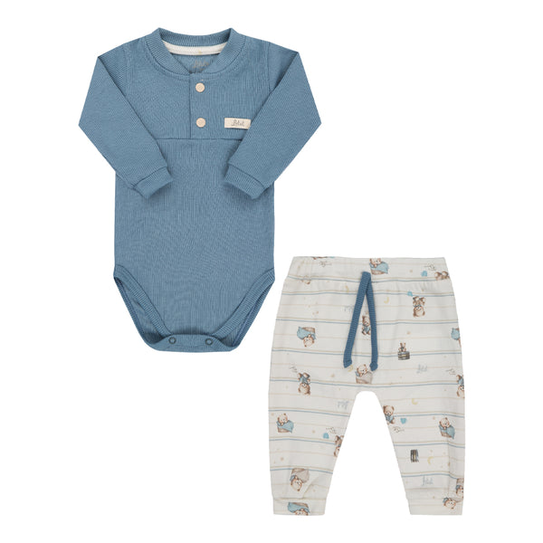 Conjunto Baby Longo com Body em Ribana Canelada e Calça Estampada com Cordão Decorativo Letut