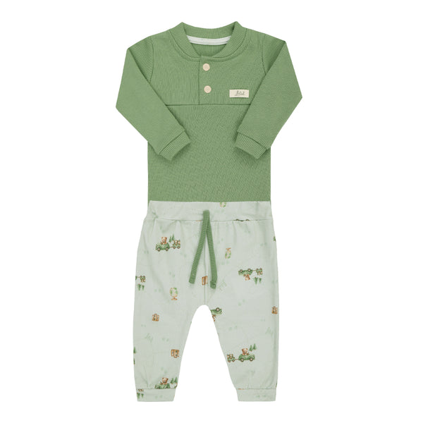 Letut Conjunto Longo com Body em Ribana Canelada e Calça Estampada com Cordão Decorativo — Textura e Estilo para o Bebê