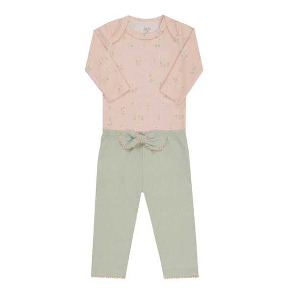Conjunto Baby Longo com Body Malha Florence Gola Expansível e Calça com Laço Picueta Crochê Letut