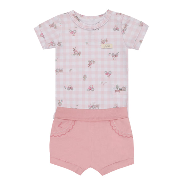 Conjunto Baby Curto com Body Estampado e Shorts com Cós Conforto Extra Largo e Bordados Delicados Letut