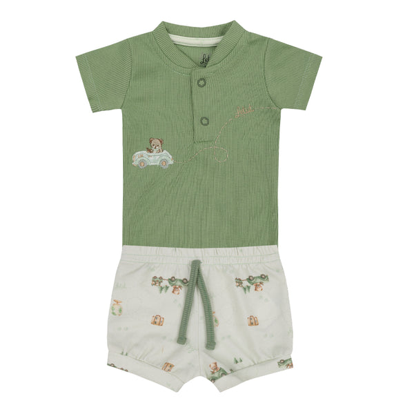 Conjunto Baby Curto com Body em Ribana Canelada Super Confortável e Shorts Estampado com Cordão Decorativo Letut LT18222