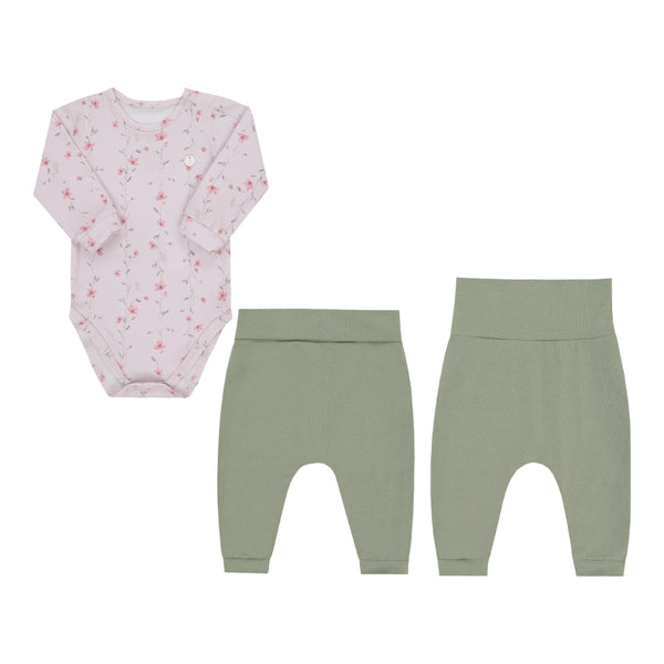 Conjunto Baby Longo com Body Estampado e Calça com Cós Conforto Dobrável Letut