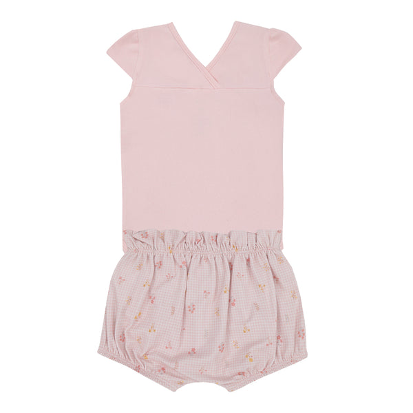 Conjunto Baby Curto com Body Transpassado Bordado e Shorts com Cós Clochard e Botão Decorativo Letut