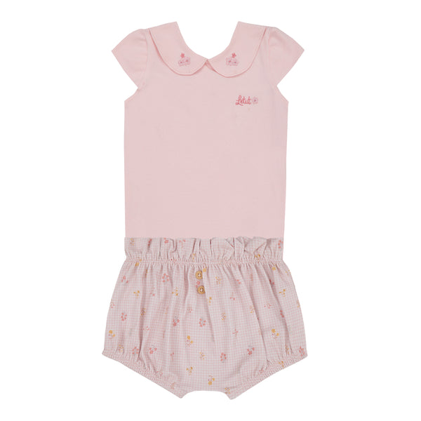 Conjunto Baby Curto com Body Transpassado Bordado e Shorts com Cós Clochard e Botão Decorativo Letut