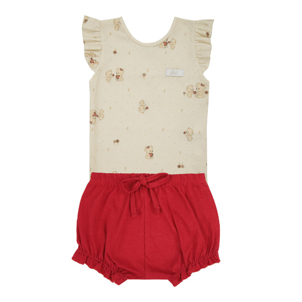 Conjunto Baby Curto com Body Estampado Transpassado e Shorts 100% Algodão com Bordado no Bumbum e Cordão de Laço Letut