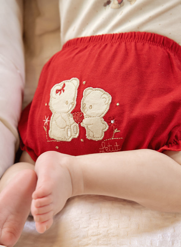 Conjunto Baby Curto com Body Estampado Transpassado e Shorts 100% Algodão com Bordado no Bumbum e Cordão de Laço Letut