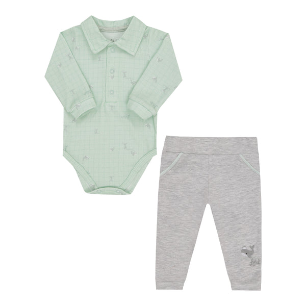 Conjunto Baby Longo com Body Gola Polo Estampado e Calça com Recortes e Bordados Delicados Letut