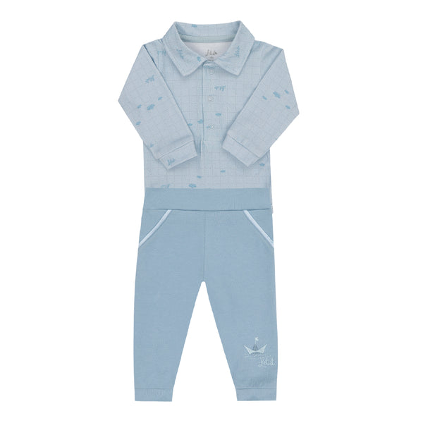 Conjunto Baby Longo com Body Gola Polo Estampado e Calça com Recortes e Bordados Delicados Letut