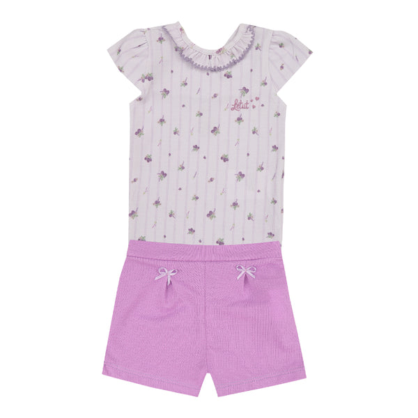 Conjunto Baby Curto com Body Estampado com Babadinho e Picueta e Shorts com Lacinhos Decorativos Letut