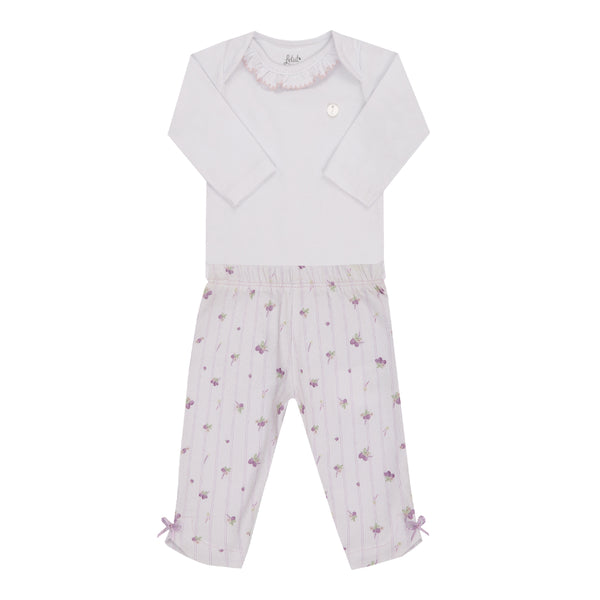 Conjunto Baby Longo com Body com Gola Picueta e Calça Estampada com Laços Letut