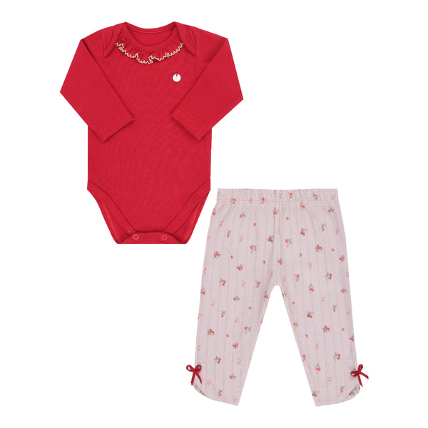 Conjunto Baby Longo com Body com Gola Picueta e Calça Estampada com Laços Letut
