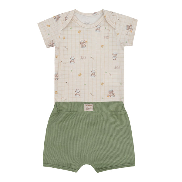 Conjunto Baby Curto com Body Estampado em Malha Conforto e Shorts Quadriculado com Bordado no Bumbum Letut