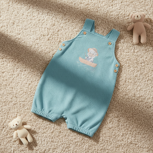 Macacão Curto em Malha Texturizada Quadriculada com Alça Regulável, Bordado e Elástico nas Pernas Letut