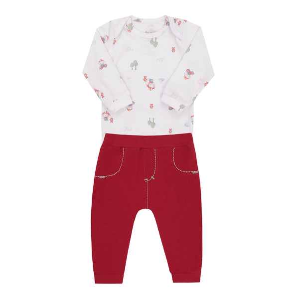Conjunto Baby Longo em Malha Conforto com Body Estampado e Calça com Bordados Delicados Letut LT18186
