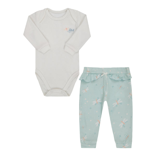 Conjunto Baby Longo com Body Ribana Bordado e Calça Estampada com Babado Letut