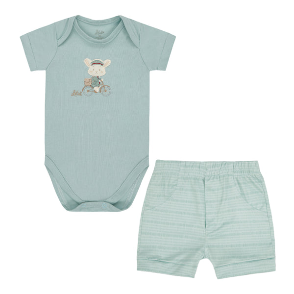 Conjunto Baby Curto com Body Bordado em Malha Conforto e Shorts Estampado com Recorte Efeito Bolso Letut