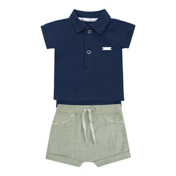 Conjunto Baby Curto Body Meia Manga Polo Efeito Camiseta e Shorts Jakarta com Cordão Decorativo Paraiso