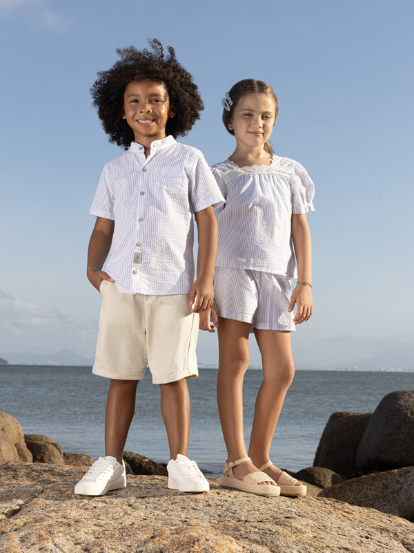 Conjunto Linha Cerimônia Camisa Anarruga Texturizada com Shorts Efeito Linho e Cordão Sofisticado Paraiso