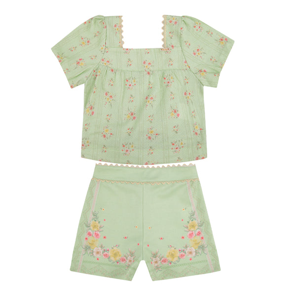 Conjunto Blusa Floral Tricoline com Mangas Balonê e Shorts Godê Estampado Paraiso