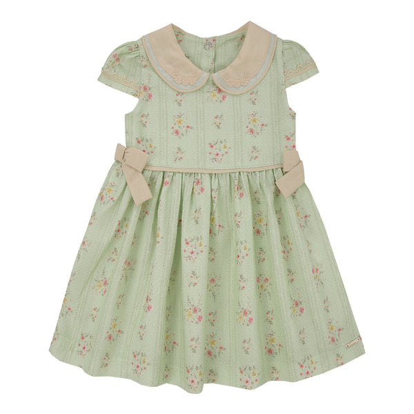Paraíso Vestido Tricoline Floral com Bordado na Gola, Renda e Laços Laterais — Jardim de Flores para sua Princesa