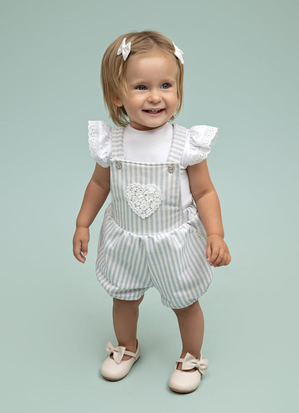 Conjunto Jardineira Moletom Estampado com Detalhe Coração e Body Meia Manga Broderie Paraiso