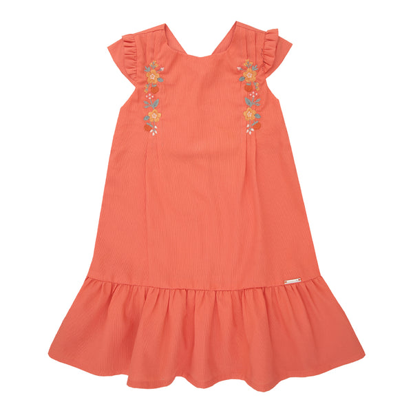 Vestido Tricoline com Bordados Delicados, Decote nas Costas e Plaquinha Personalizada Paraiso