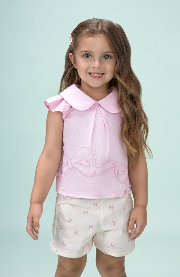 Conjunto Linha Cerimônia Blusa Mercerizada com Babados Bordados e Shorts Estampado Efeito Linho Paraiso