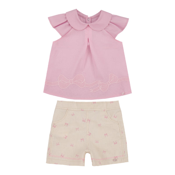 Conjunto Linha Cerimônia Blusa Mercerizada com Babados Bordados e Shorts Estampado Efeito Linho Paraiso