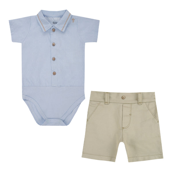 Conjunto Body Meia Manga Cotton Blend Bordado com Shorts Sarja Color Efeito Bolso Linha Cerimônia Paraiso