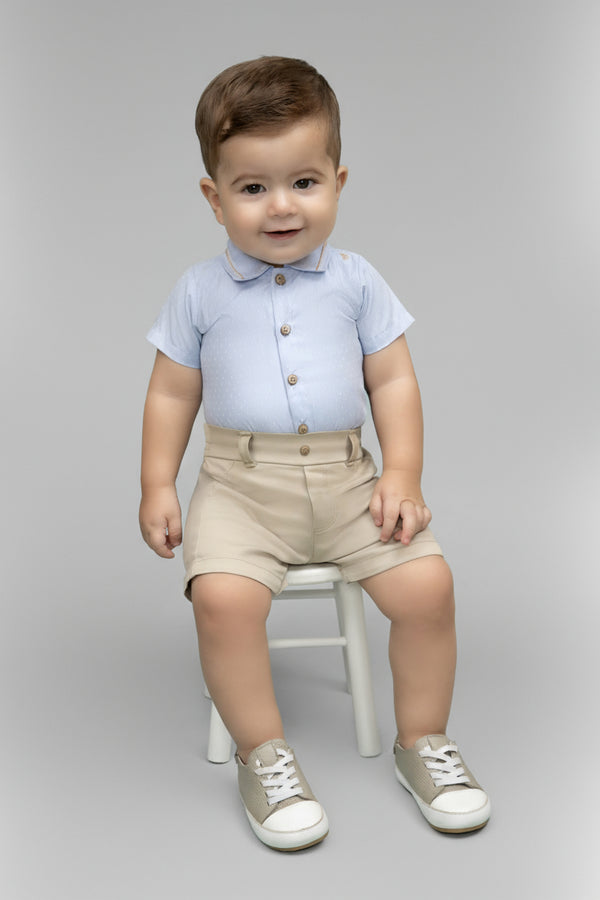 Conjunto Body Meia Manga Cotton Blend Bordado com Shorts Sarja Color Efeito Bolso Linha Cerimônia Paraiso