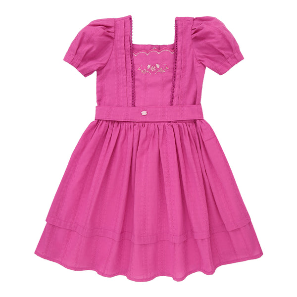 Vestido Jacquard Bordado com Renda, Mangas com Preguinhas e Cinto com Laço Decorativo Paraiso
