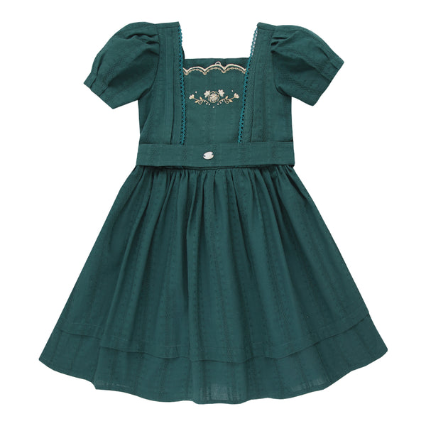 Vestido Jacquard Bordado com Renda, Mangas com Preguinhas e Cinto com Laço Decorativo Paraiso