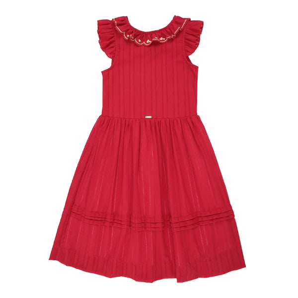 Vestido com Babados Transpassados nas Costas, Cordão para Laço e Preguinhas na Saia Infantil Paraiso