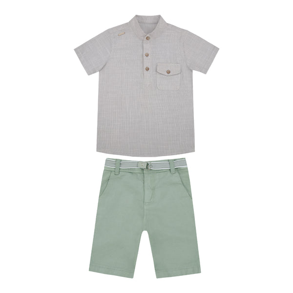 Conjunto Bata Cotton Linen 100% Algodão com Detalhe Bolso e Shorts Sarja Color com Cinto Elegante Paraiso