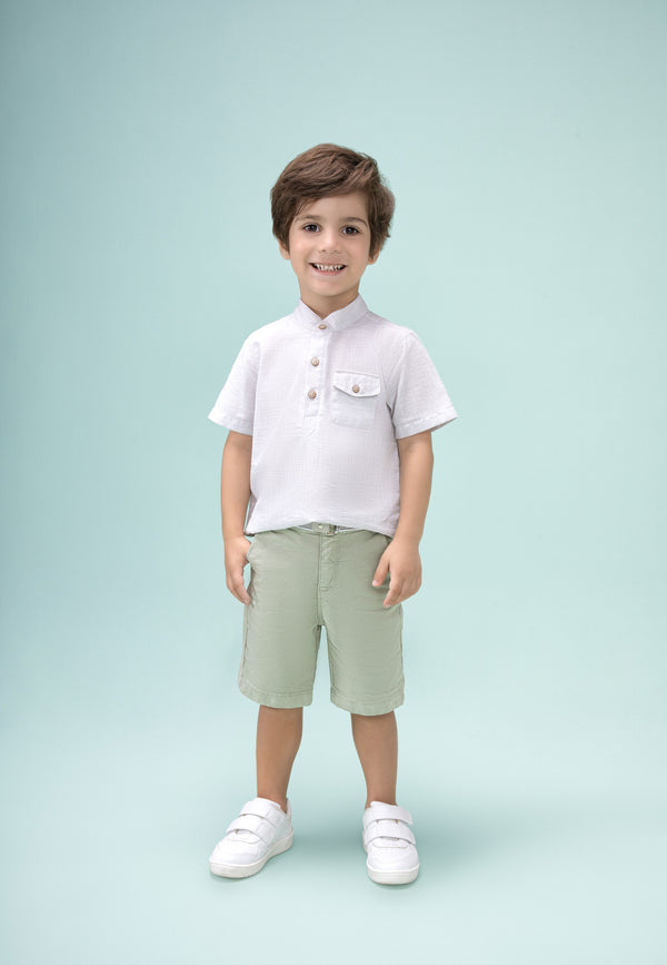 Conjunto Bata Cotton Linen 100% Algodão com Detalhe Bolso e Shorts Sarja Color com Cinto Elegante Paraiso