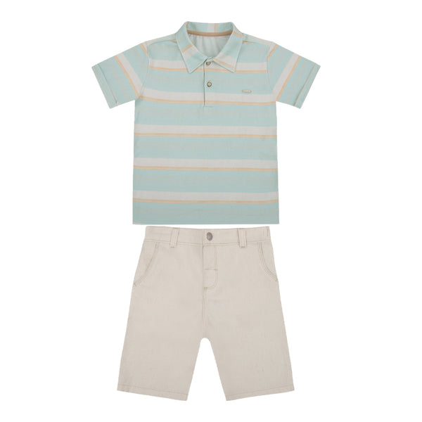 Conjunto Camiseta Polo em Malha Conforto com Plaquinha e Shorts Sarja Leve Efeito Linho Arrumadinho Paraiso