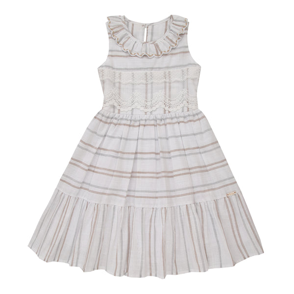 Vestido Linha Cerimônia Listrado com Tule Efeito Renda, Bordados Delicados e Elástico nas Costas Paraiso