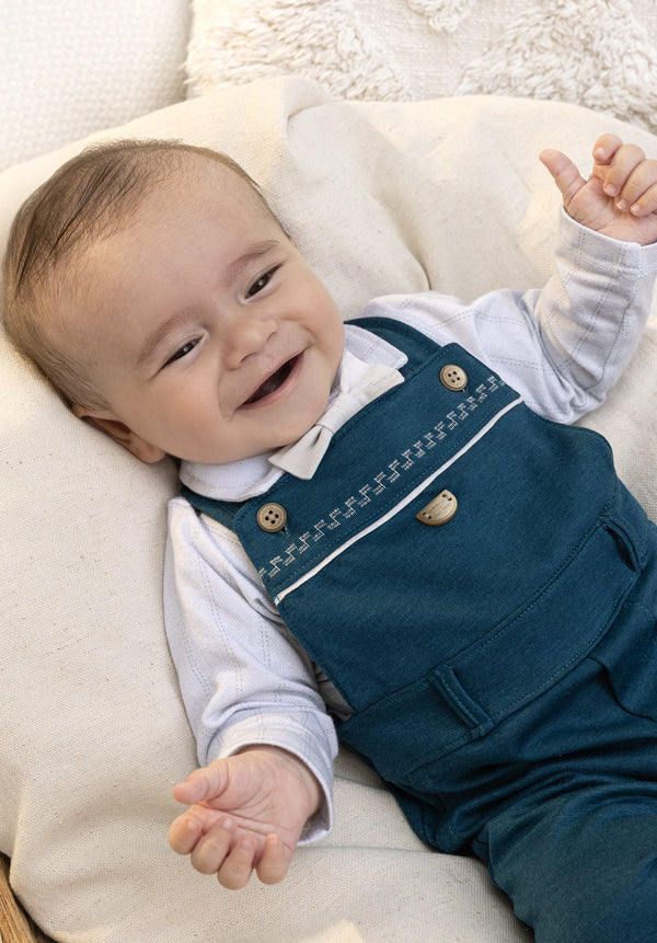 Conjunto Jardineira Longa em Ponto Roma com Body Estampado e Gravata Paraiso