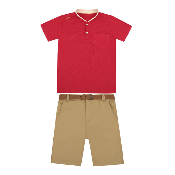 Conjunto Camiseta Malha Trabalhada com Bolso e Plaquinha e Shorts Sarja Color com Cinto Caramelo Paraiso