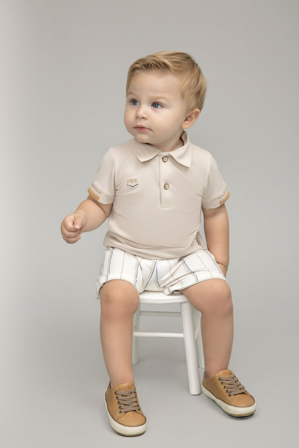 Conjunto Camiseta Polo em Malha Texturizada com Bordado e Shorts Estampado  Paraiso