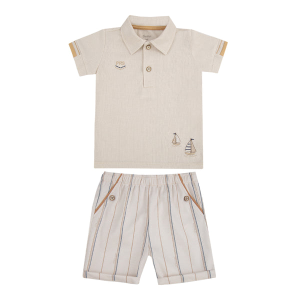 Conjunto Camiseta Polo em Malha Texturizada com Bordado e Shorts Estampado  Paraiso