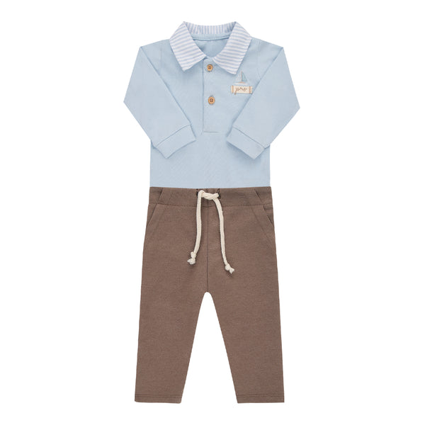 Conjunto Baby Longo Body com Gola Anarruga Bordada e Calça Ponto Roma com Cordão Decorativo Paraiso