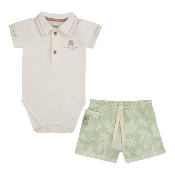 Conjunto Baby Curto Body Meia Manga Bordado com Gola Polo e Shorts Moletom Estampado com Bolso Paraiso
