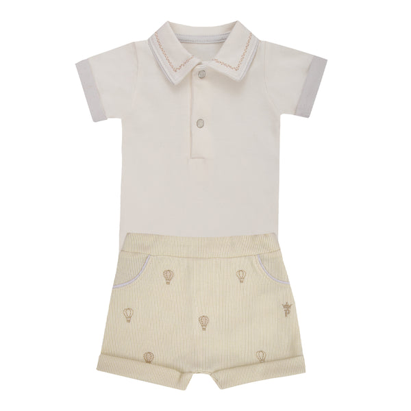 Conjunto Baby Curto Body Meia Manga Bordado com Gola Polo e Shorts Quadriculado com Bolsinhos Paraiso
