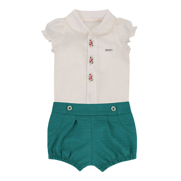 Conjunto Baby Curto Body Cambraia Bordado com Abertura Invisível e Shorts Texturizado com Elástico Paraiso