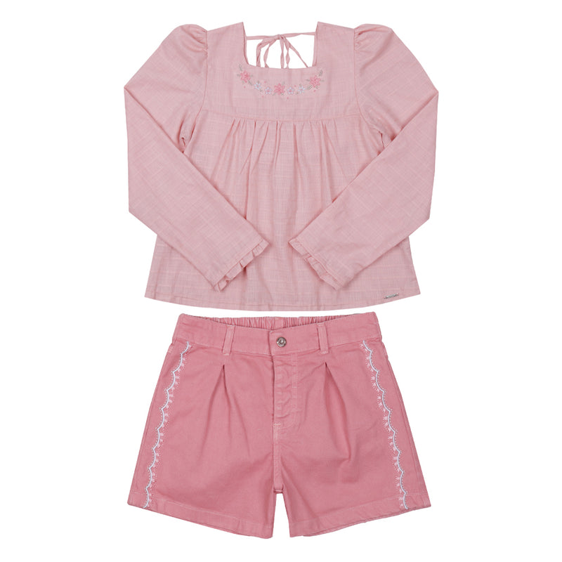Paraíso Conjunto Menina Blusa Maquinetada com Laço e Shorts Sarja Bordado Fashion — Estilo Fashion para Cada Ocasião - Image 5