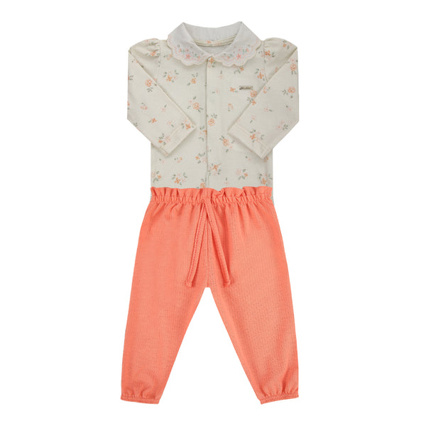 Conjunto Baby Longo Body Estampado com Gola Bordada e Calça Clochard com Cordão Decorativo Paraiso 18625